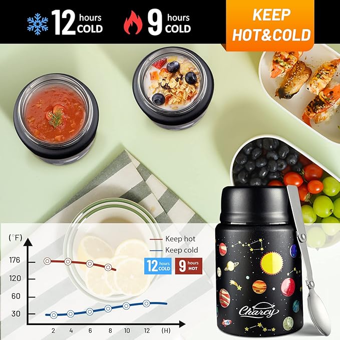 Charcy 17oz Thermo for Hot Food, Soup Thermo Food Container for Lunch Box with Folding Spoon ZB - Black Plant
