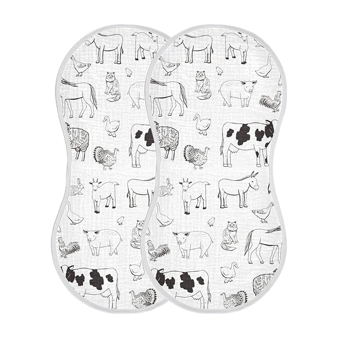 Muslin Baby Burp Cloths Set of 4, Soft Absorbent Farm Animals Muslin Washcloths, Bibs, Face Towel for Newborn Boys Girls, 22 x 11 Inch