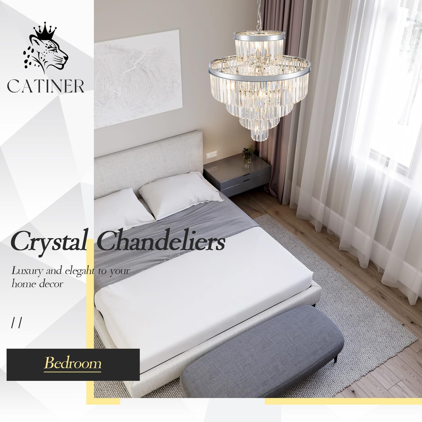Modern Crystal Chrome Chandelier 15 Lights 24 Round Light Fixture stylish 5-Tier K9 Crystals Chandelier Contemporary Pendant Lighting For Dinning Room Living Room Foyer Kitchen