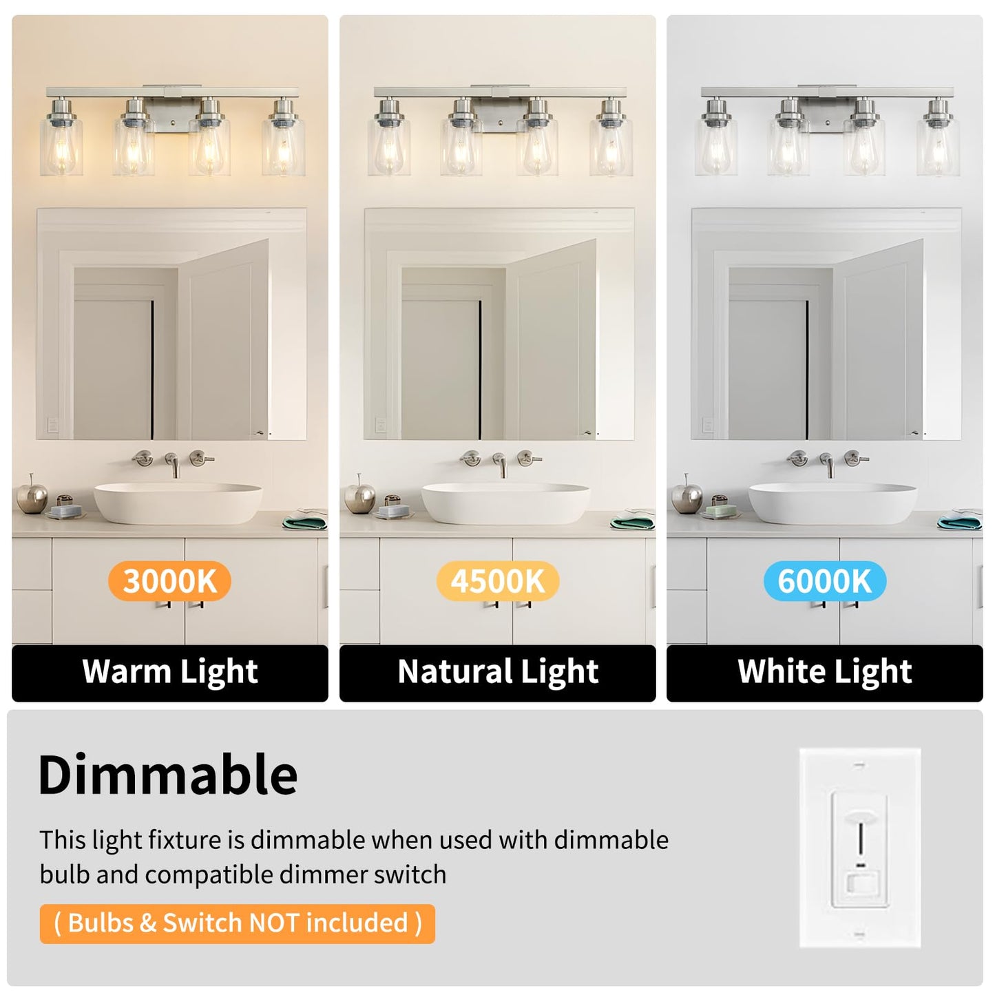 DIKAIDA Bathroom Vanity Light, 4-Light Nickel Modern Matte Wall Sconce Lighting with Clear Glass Shade, Wall Lights,Bath Vintage Wall Mounted Lamps for Mirror Bedroom Living Room