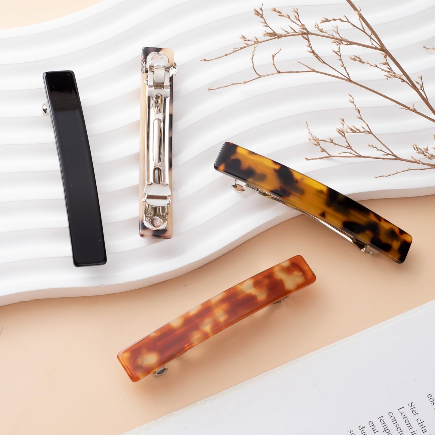 STSTR 4PCS French Barrette Hair Clips for Women, 2.95 Inch Small Tortoise Shell Hair Clip, Curved Glossy Thin Hair Flat Hair Acc