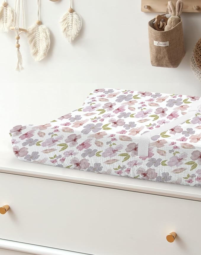 Changing Pad Cover for Baby Boy Girl 2 Pack, Muslin Changing Table Pad Covers with Boho Style, Neutral Nursery Bedding Essentials Soft and Breathable (Purple Petals & White)