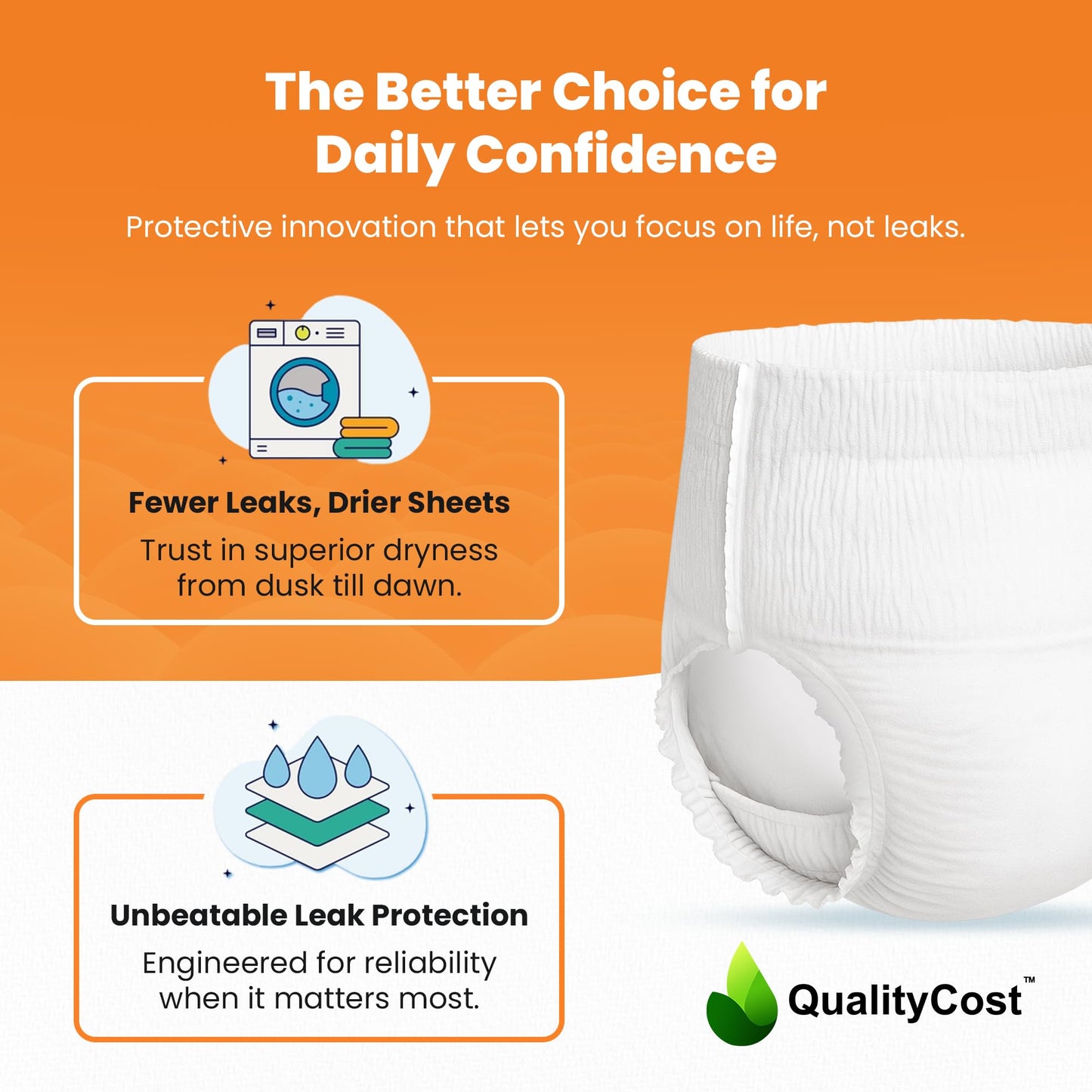 QualityCost Adult Diapers Men and Women Incontinence Overnight Pull-Ups – Pull-On Briefs, Disposable Undergarments, Maximum Absorbency, Leak Proof, Single-Use, 3XL (64–85 inch Waist), 10 Count