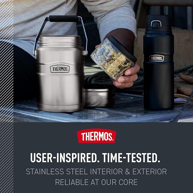 THERMOS Stainless King Vacuum-Insulated Food Jar with 2 Storage Container Inserts, 47 Ounce, Matte Steel