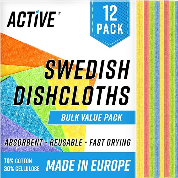 ACTIVE Swedish Dish Cloths for Kitchen 12 Pack Cellulose Sponge Cloth, Washable Dishcloths for Washing Dishes, Original Eu...