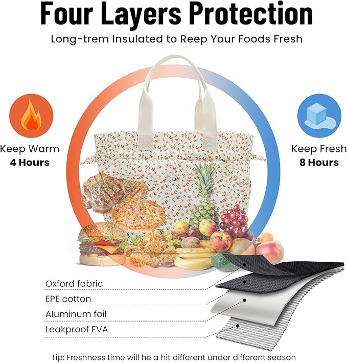 MEXS Lunch Bag for Women Reusable Drawstring Insulated Lunch Box Stain-Resistant Large Cinch Closure Lunch Bags for Work Office