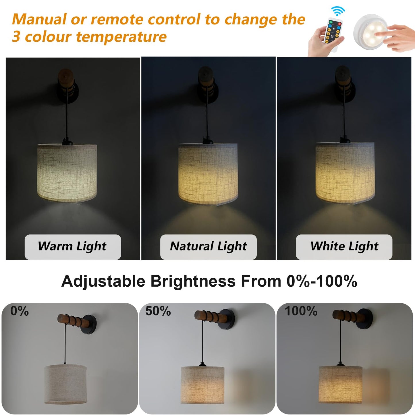 XSDeTu Rechargeable Wall Sconces Set of 2, Dimmable 3 Colors, Wooden Arm, 9.4 Inch, Battery Operated, Modern Design