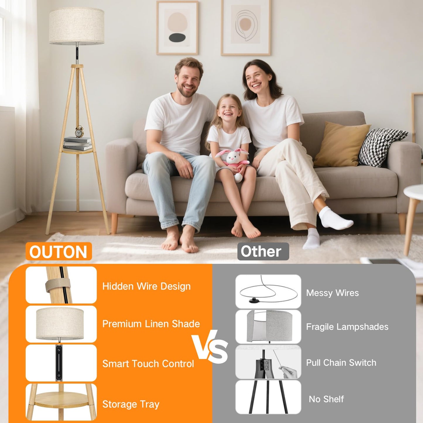 OUTON Wood Tripod Floor Lamp, Mid Century Modern, Dimmable with Remote, Beige Shade, Sturdy Design for Living Room, Bedroom, Office
