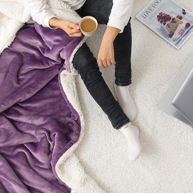 NANPIPER Flannel Blanket Reversible Sherpa Throw Blanket Super Soft Fuzzy Plush Microfiber (50"x60" Cassis Purple)
