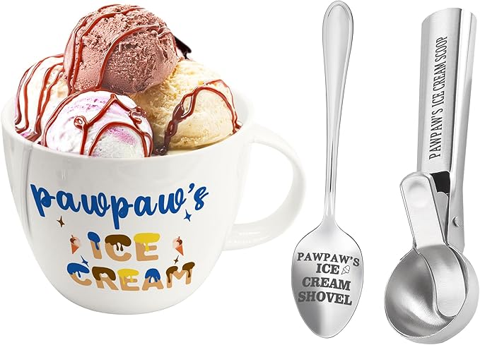 Paw Paw Gifts, Gifts for Pawpaw from Grandkids, Pawpaw's Ice Cream Bowl Scoop Shovel Spoon Set, Pawpaw’s Ice Cream Gift, Christmas Birthday Grandparents Day Gift for Him Man