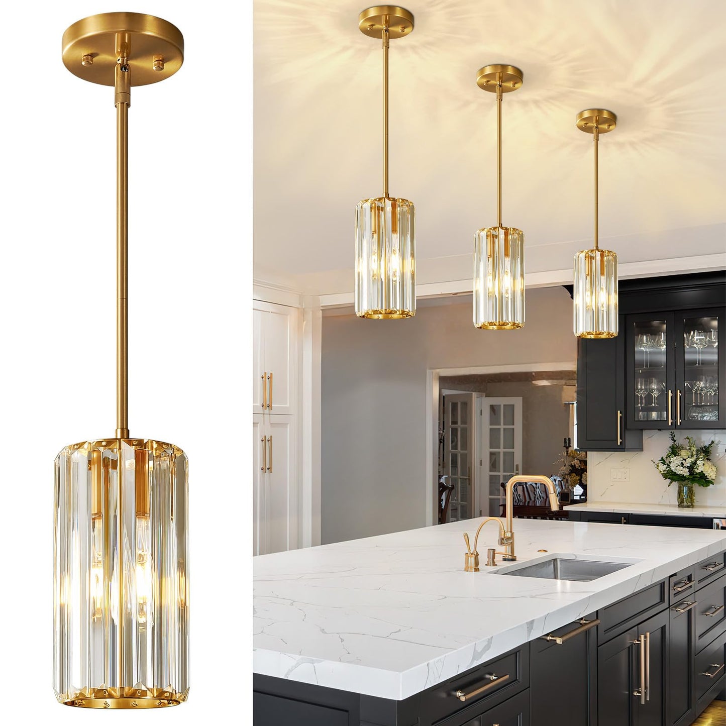 Zhllmq Gold Pendant Lighting Modern Pendant Light Mini Crystal Chandeliers Adjustable Pendant Light Fixture For Kitchen Island Dinning Room Corridor Bedroom(Gold 3-Pack)