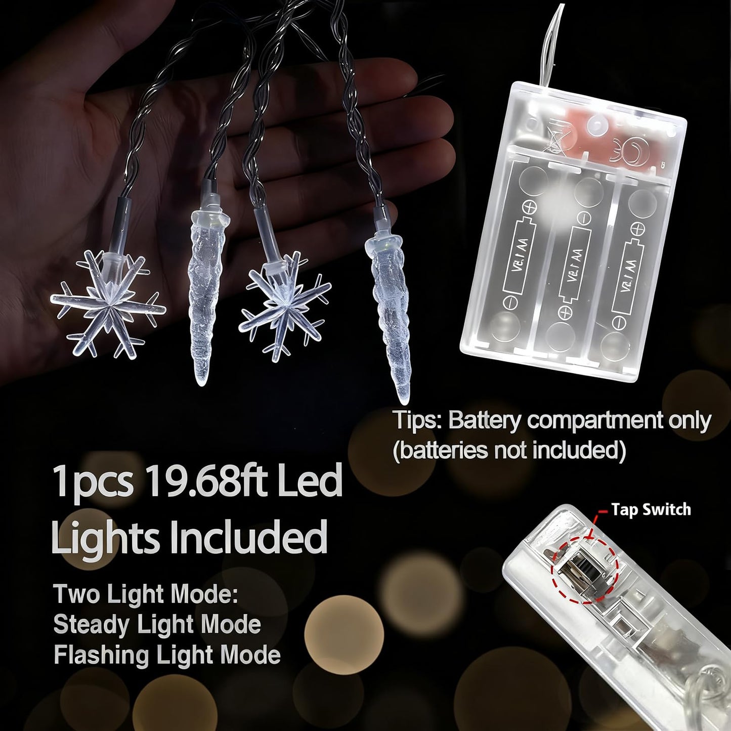 Gradesin 20Ft Icicle String Lights, 40 Led, Battery Operated, Cool White Acrylic For Indoor Christmas Decorations