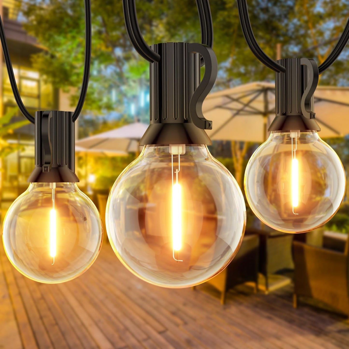 Gluroo Outdoor String Lights 30Ft Led Waterproof 15+1 Shatterproof Bulbs G40 Black Model O151 For Patio, Backyard, Camping, Garden