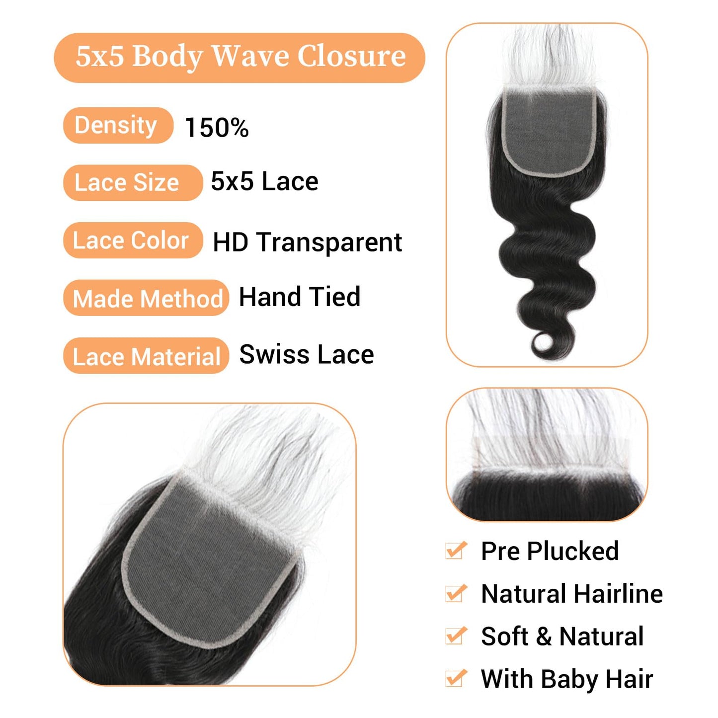 Hd Closure 5x5 Body Wave Transparent Lace 12A Virgin Remy Human Hair Closure Pre Plucked With Baby Hair Natural Black 12 Inch