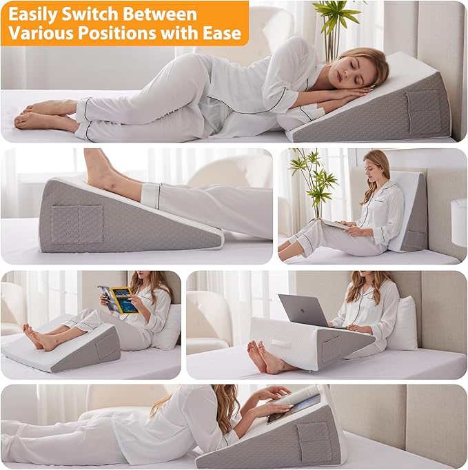 Bed Wedge Pillow for Sleeping, 7.5" Wedge Pillows for After Surgery, Soft Memory Foam Top, Triangle Pillow Wedge, Body Positioners for Leg Elevation, Acid Reflux, Gerd, Snoring Relief, White