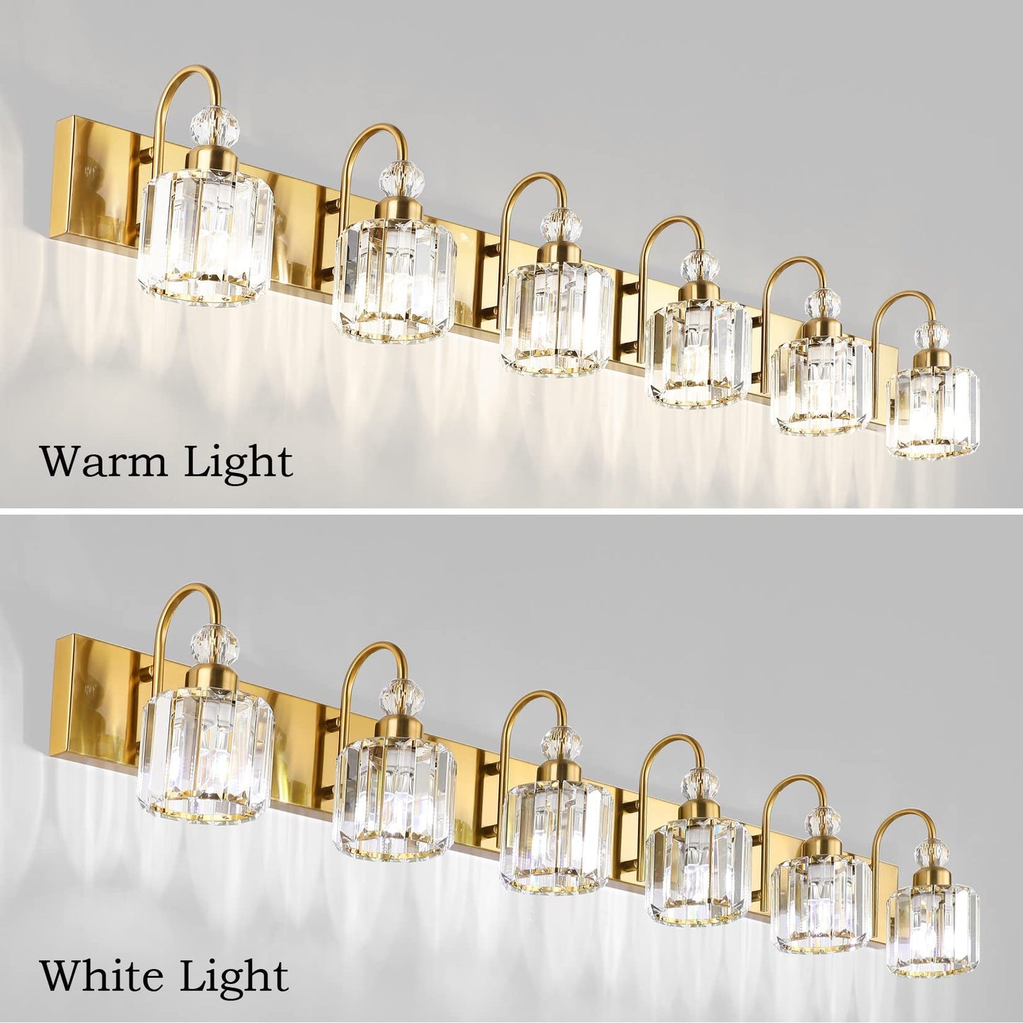 Ralbay 6-Light Gold Crystal Vanity Lights - Modern Brass Wall Fixtures For Bathroom, Model 8600, Elegant Round Design