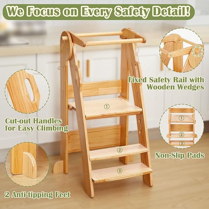 FUNLIO Foldable Montessori Child Standing Tower for Learning, 3 Adjustable Heights Step Stool - Natural