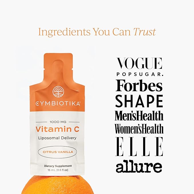 CYMBIOTIKA Vitamin C Individual Packets, Liposomal Delivery, 1000mg, Supplement for Immune Support, Collagen Boost, & Healthy Aging, Skin Hydration Packets, Citrus Vanilla Flavor, 2 Month Supply