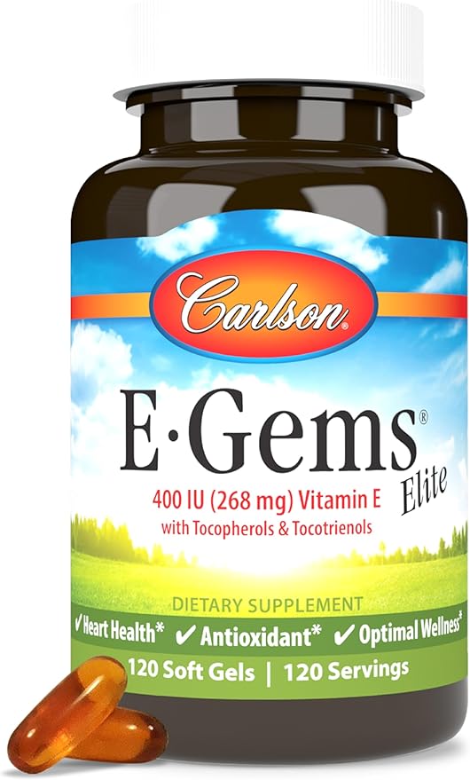Carlson - E-Gems Elite, 400 IU (268 mg) Vitamin E with Tocopherols & Tocotrienols, Natural-Source, Vitamin E Capsules, Heart Health & Optimal Wellness, Antioxidant, Vitamin E Supplement, 120 Softgels