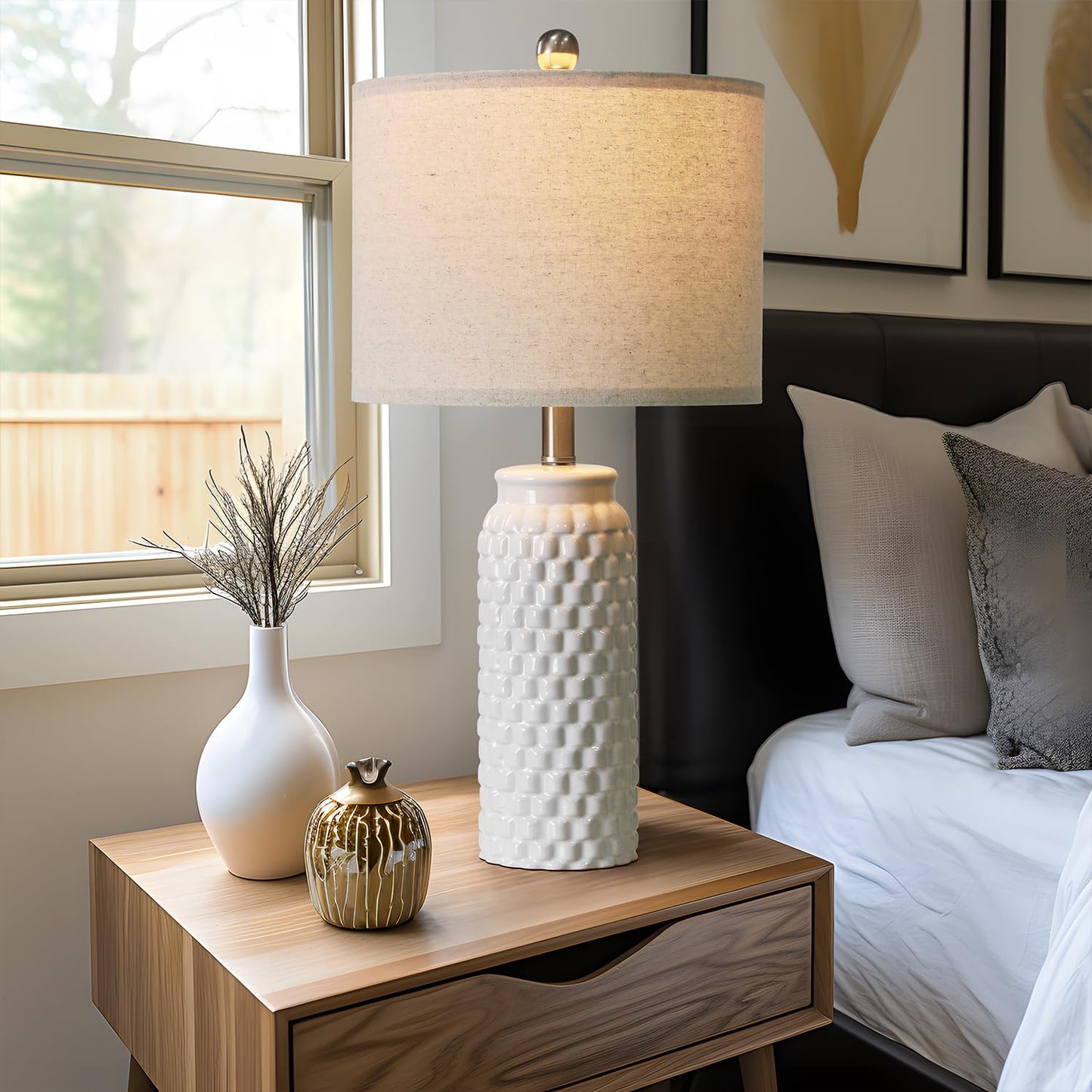 USumkky 24in Ceramic Bedside Lamp Set of 2 - Modern White Table Lamp for Bedroom, Living Room, Office, Model 1092