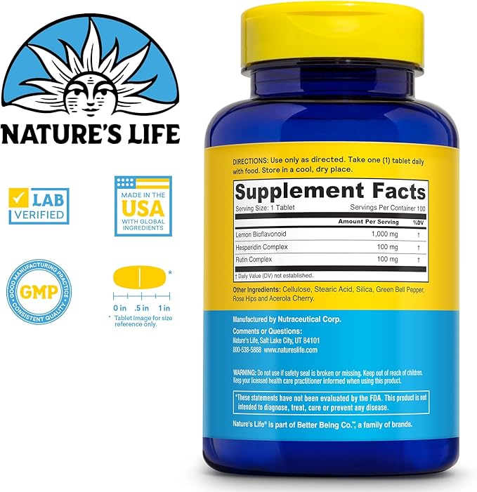 Nature's Life Lemon Bioflavonoids 1000mg - Citrus Bioflavonoids Supplement with Hesperidin and Rutin - Antioxidant and Cellular Support, Vitamin C Absorption - 60 Day Guarantee, 100 Serv, 100 Tablets