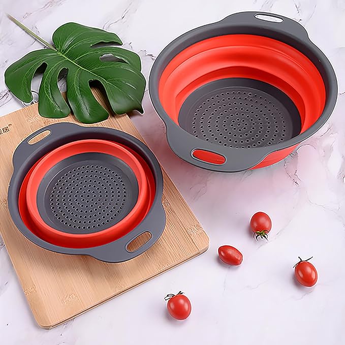 Collapsible Colander Set,Space Saving Collapsible Kitchen Colander Strainer with Handle,Perfect for Draining Pasta Vegetable fruit (Red)