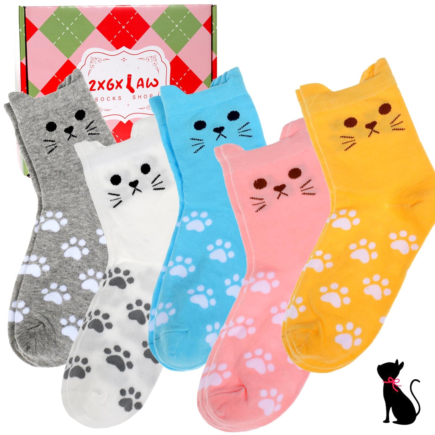 ZXGXLAW 5 Pack Women's Cat Socks Colorful Cute Funny Crew Socks,Novelty Gifts for Teenage Girls Girlfriend Animal Lovers