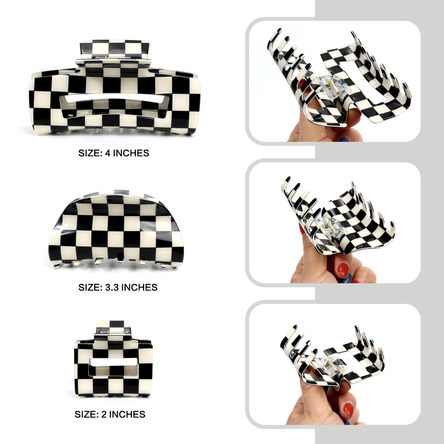 3 PCS Checkered Hair Claw Clips for Thick and Thin Hair Large Hair Clips Square Y2K Hair Checker Barrettes Black And White Check