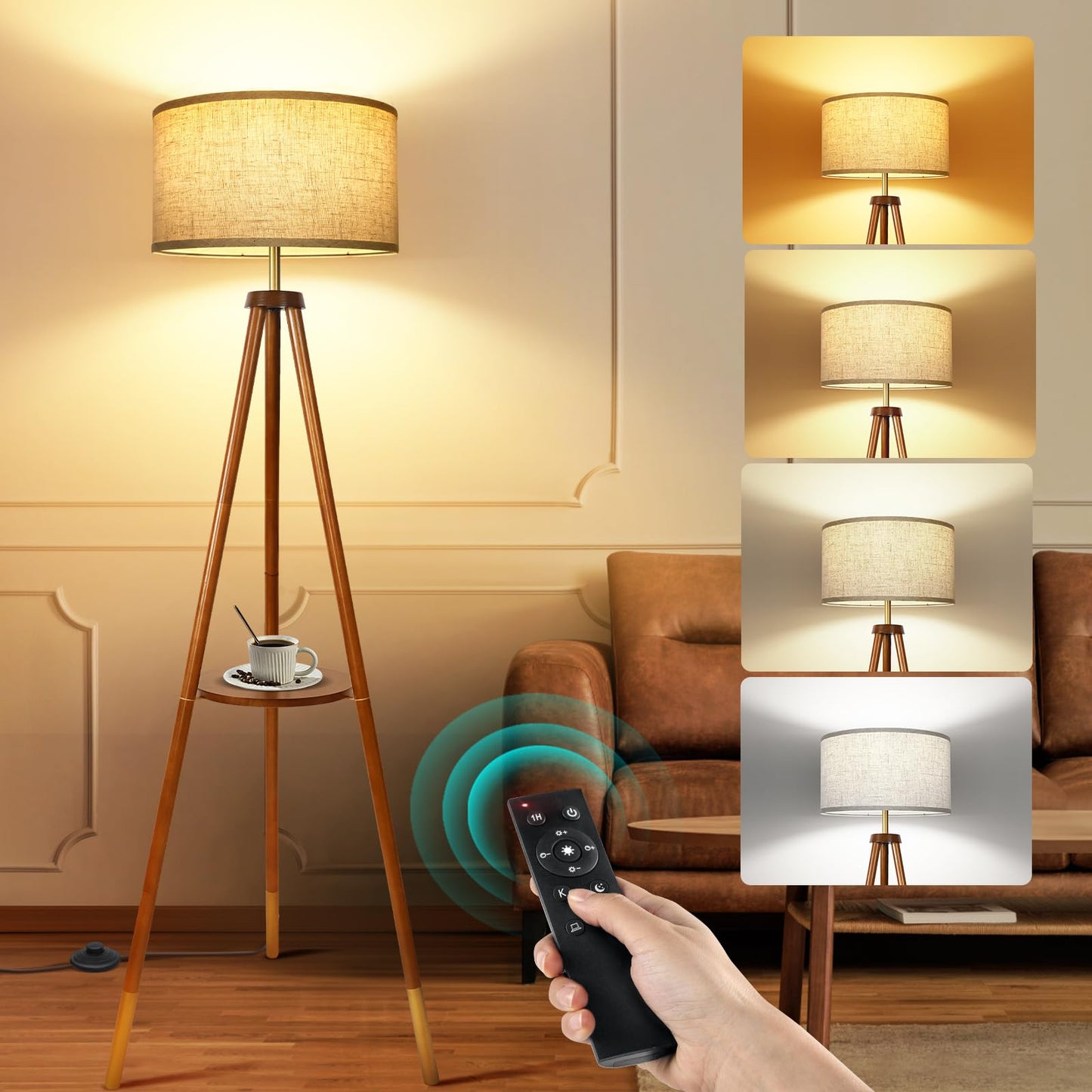 OUTON Wood Tripod Floor Lamp with Remote Control, Dimmable LED, 4 Color Temperatures, Walnut & Gold
