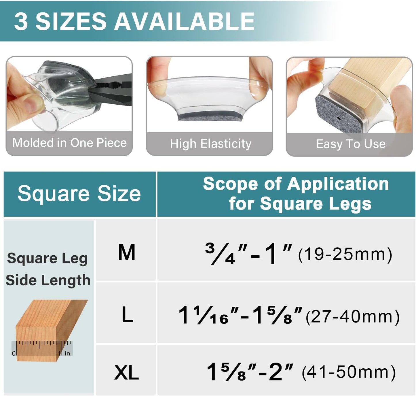 Ansible 24 Pcs Chair Leg Floor Protectors Square, Silicone Felt Furniture Leg Pads Caps Covers for Hardwood Floors (Fit:1-5/8" to 2")