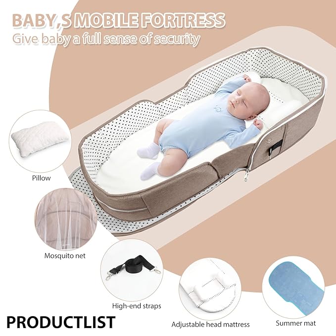 Portable Bassinet for Baby Travel Lounger Foldable Baby Co-Sleeping Bed with Mosquito net + Cool mat Carry Bag & Storage Pocket (Khaki)