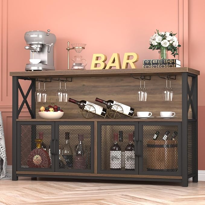 LVB Wine Bar Cabinet, Industrial Sideboard Buffet/Coffee Bar Cabinet for Liquor and Glasses, Farmhouse Metal Wood Rack Cabinet for Home Living Dining Room Kitchen, Rustic Oak, 47 Inch