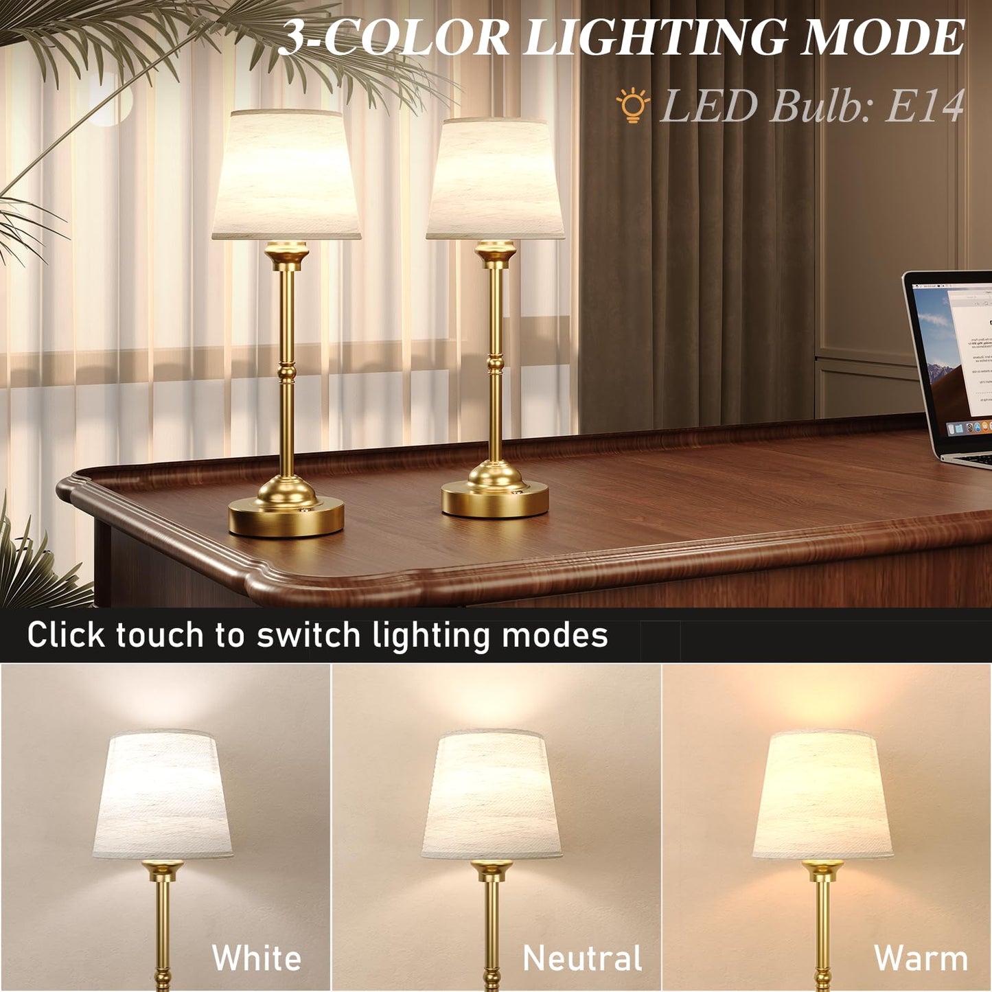 CHLORANTHUS Cordless Table Lamp, 6000mAh Rechargeable, Stepless Dimming, 2 Pack, Khaki, Fabric, Ideal for Bedroom and Camping