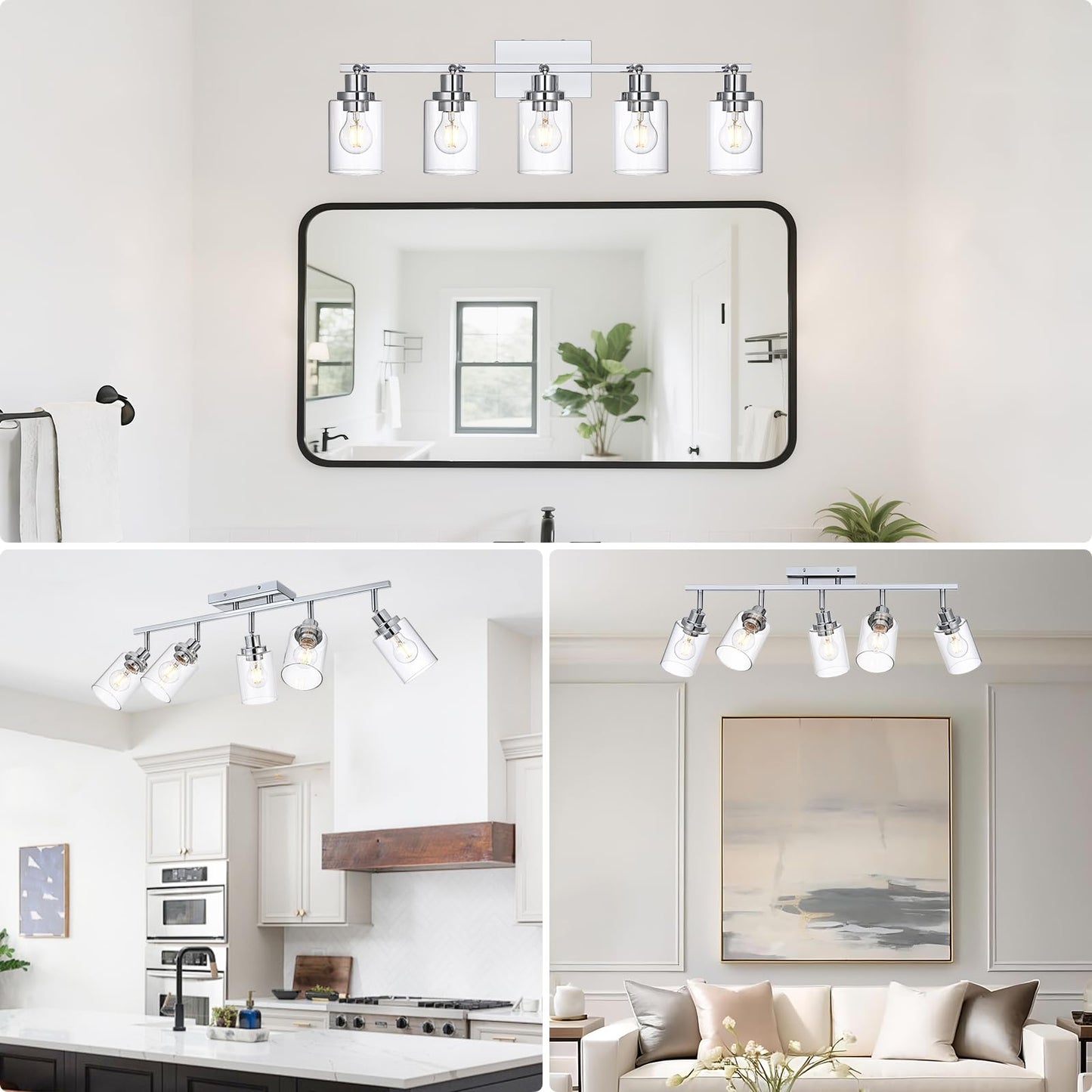Wanluce 5-Light Track Lighting Kit Ceiling Kitchen Track Lighting Fixtures Chrome Bathroom Vanity Wall Lights With Clear Glass Multi-Directional Rotating Tracking Light Heads Spotlight For Accent Shop