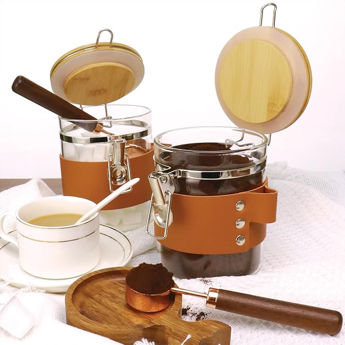 Glass Storage Jars with Spoon, Kitchen Food Storage jars with spoon, Glass Coffee Nuts Canister with Bamboo Lids, Scoop for Beans, Ground Coffee,Nuts, Cookie, Flour (27OZ×2)
