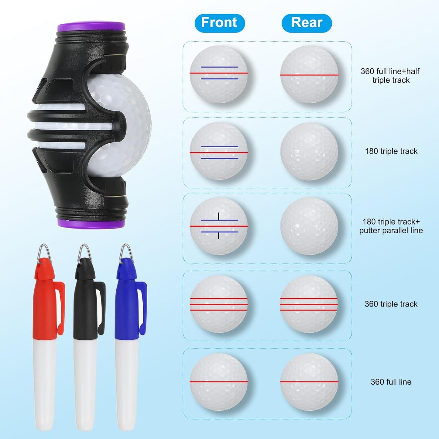 PATIKIL Golf Ball Marker Stencil 360 Degree Triple Track Golf Ball Alignment Marking Tool Line Drawing Marker with Marker Pens for Men Women