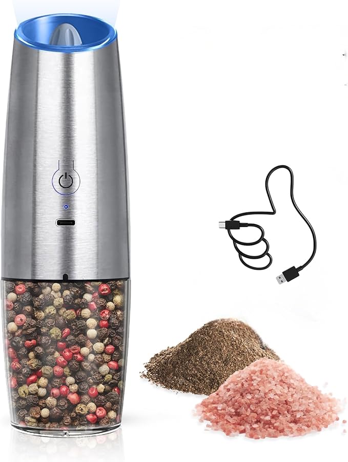 Electric Salt & Pepper Grinder,Spice Grinde USB-Rechargeable with Gravity-Activated LED Light, 150ml Silver Model for Kitchen Cooking, Travel, and Gatherings