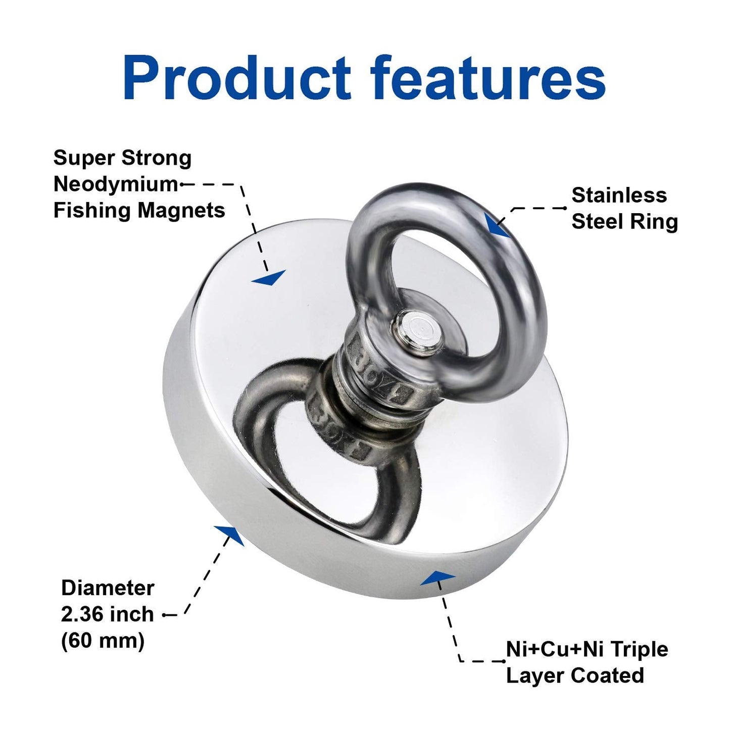 DIYMAG Super Strong Neodymium Fishing Magnets, 500 LBS(227 KG) Pulling Force Rare Earth Magnet with Countersunk Hole Eyebolt Diameter 2.36 in(60mm) for Retrieving in River and Magnetic Fishing