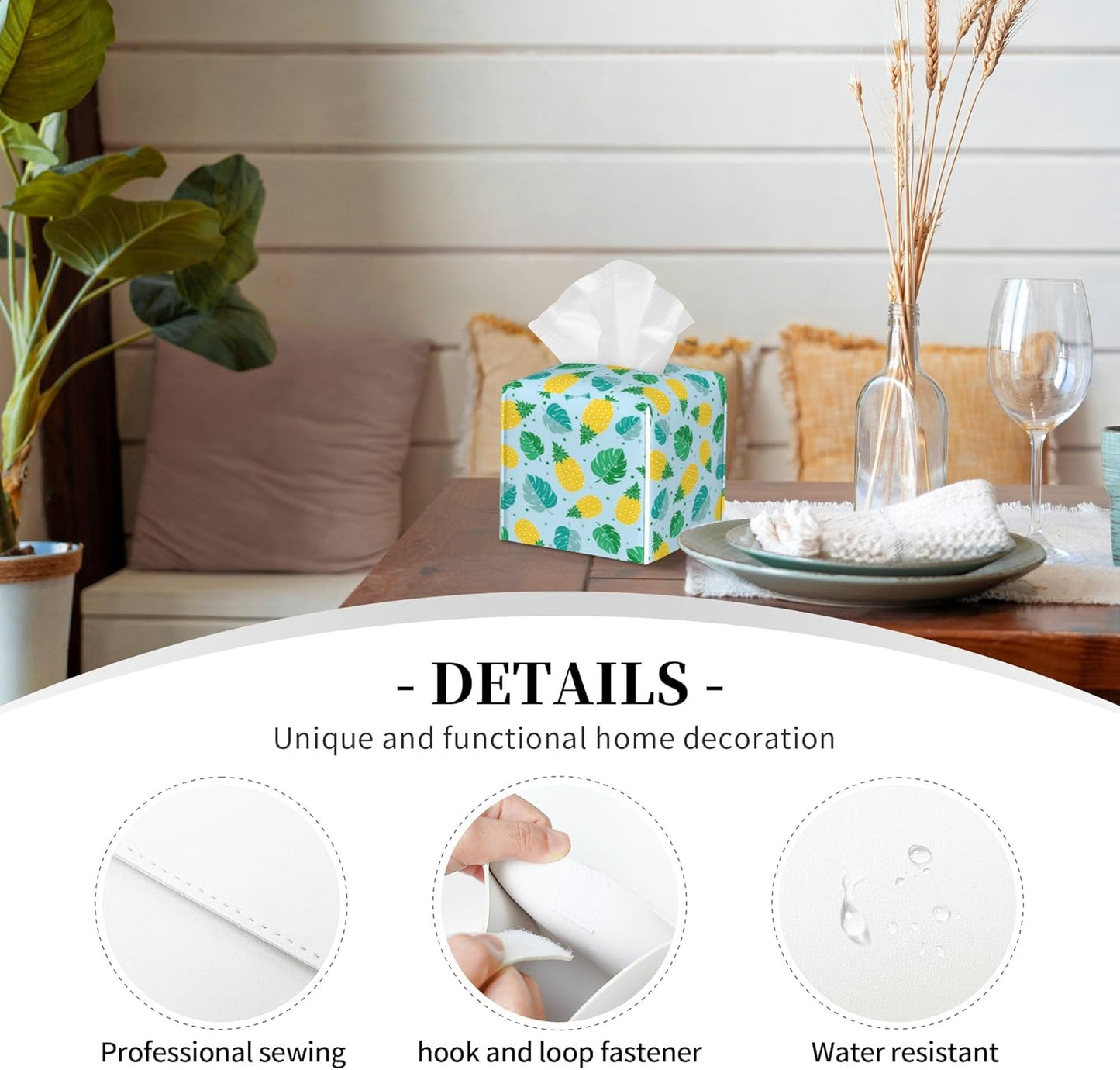 Pineapple and Tropical Leaves Tissue Box Cover Leather Tissue Box Holder Square Facial Paper Organizer Dispenser for Bathroom Kitchen Bedroom Vanity Countertop Night Stands