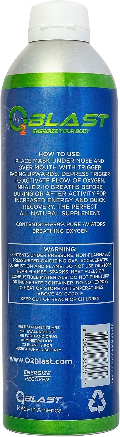 O2 Blast - Portable Oxygen Can, Filled with 99.99% Pure Oxygen in a Can with Breathing Mask for Sports, Travel, and High Altitude Use | On-The-Go Air Support for Hiking and Outdoors – 10L, 6-Pack