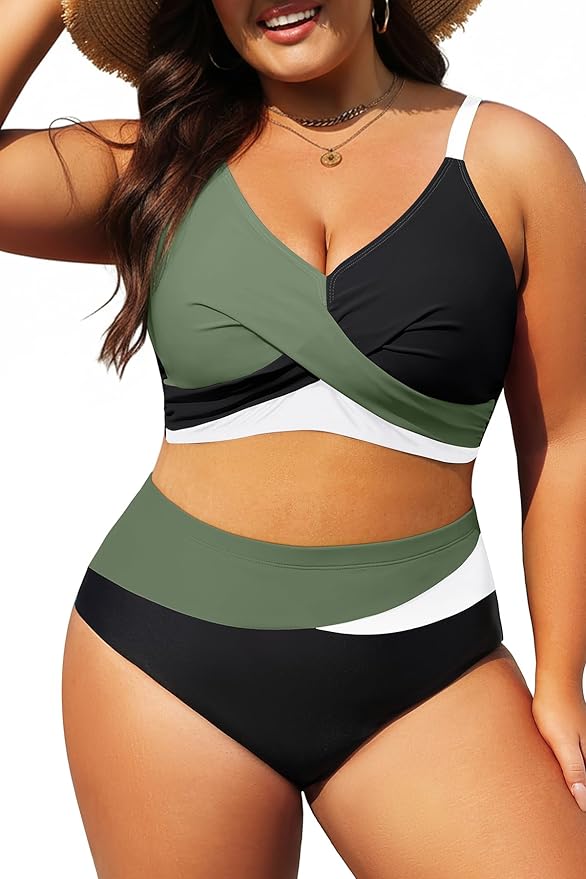Plus Size Two Piece Swimsuit - Women High Waisted Bikini Set Tummy Control Bathing Suits