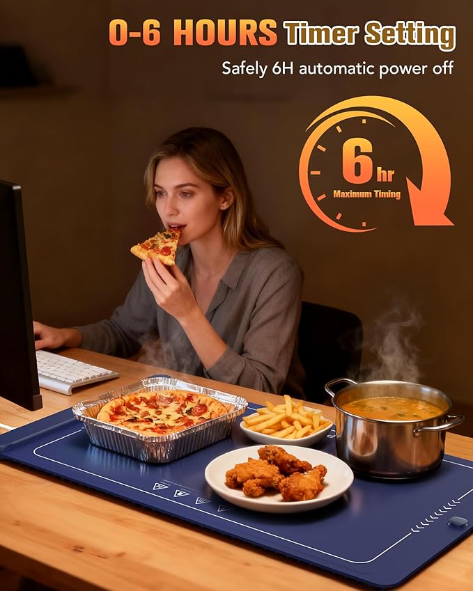Potahouse® Warming Mat for Food, Graphene Full-Surface Fast Heating, Electric Warming Tray with 6 Temp & Timer Settings, Rollable & Portable Silicone Food Warmer for Parties, Home and Travel, Blue