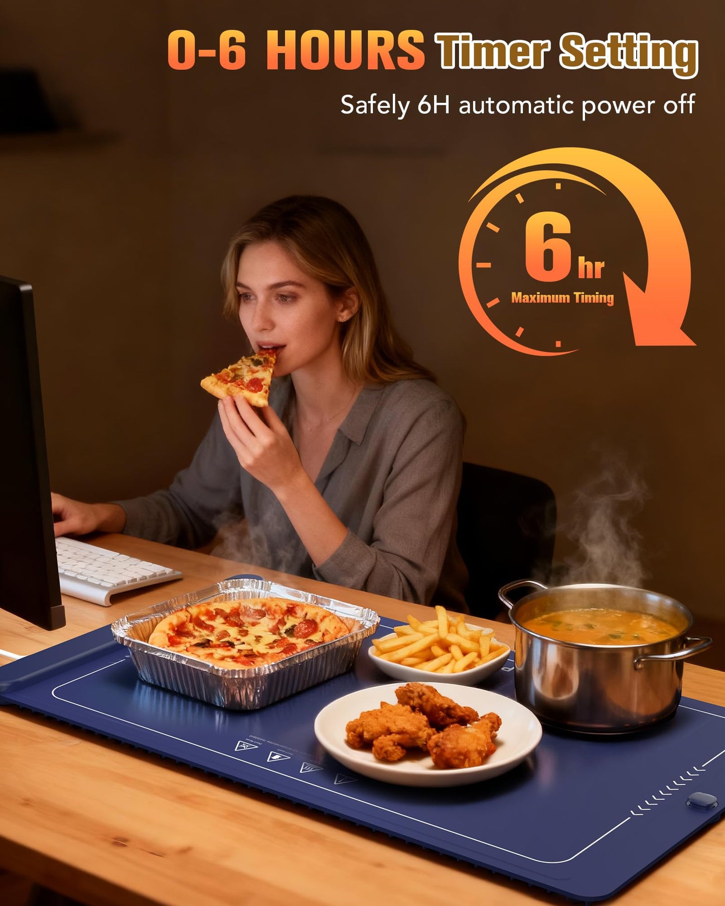 Potahouse® Warming Mat for Food, Graphene Full-Surface Fast Heating, Electric Warming Tray with 6 Temp & Timer Settings, Rollable & Portable Silicone Food Warmer for Parties, Home and Travel, Blue
