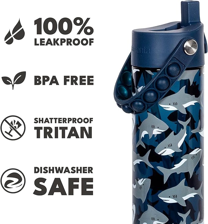 Elemental Splash Water Bottle with Straw - BPA-Free Tritan Plastic Reusable Water Bottle with Pop It Strap - Ideal for Travel, Gym and Sports - Leak Proof when Spout is Closed - 26oz - Shark