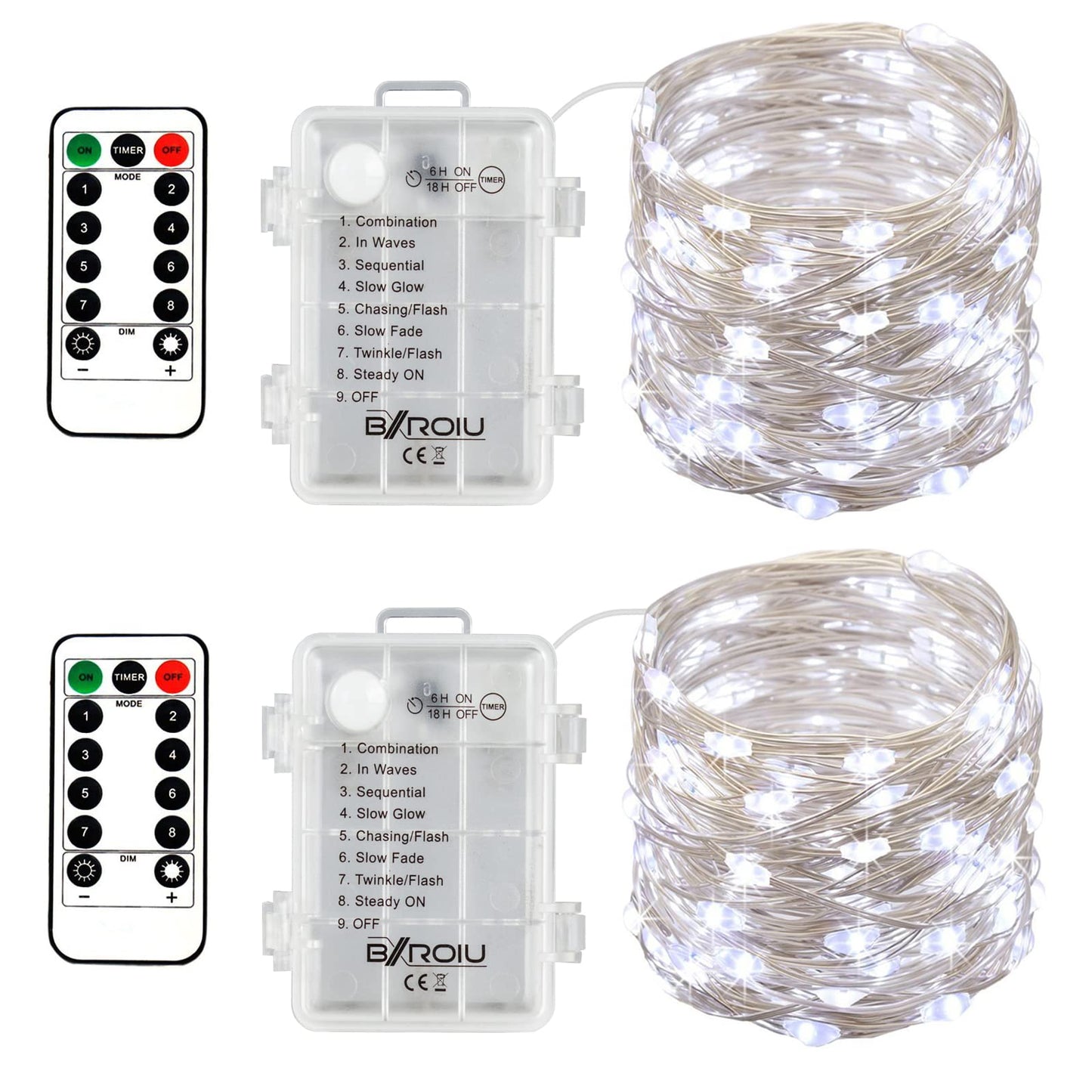 Bxroiu Fairy Lights - 50 Leds, 16Ft Silver Wire, 8 Modes, Remote Control, Battery Operated, Cool White For Bedroom & Party Decor