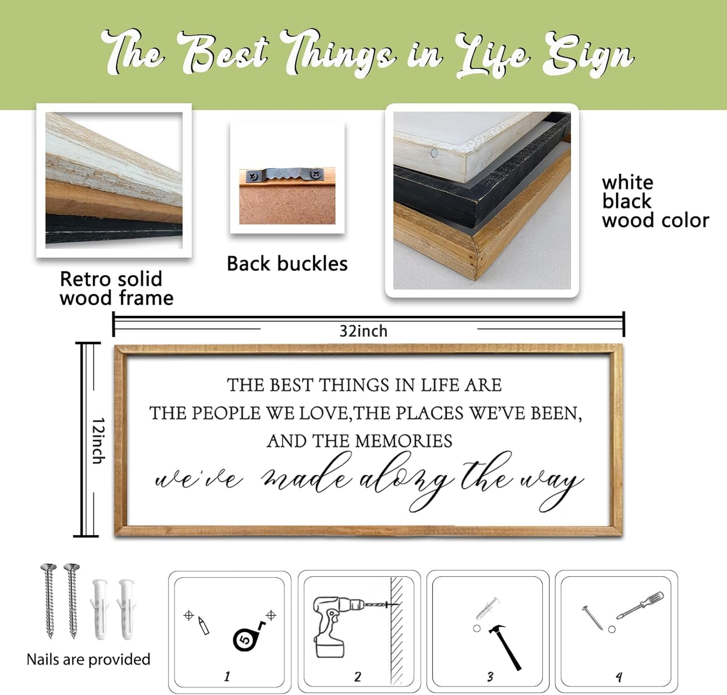 The Best Things in Life Wall Decor Sign 32 x 12 Inch Memories Inspirational Quotes Wood Framed Family Entryway Living Room Home Wall Art for Farmhouse Bedroom Room (Wood)