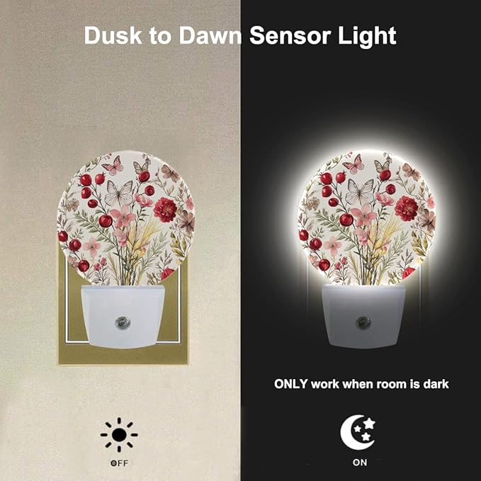EKOBLA Vintage Flower Butterfly Night Light Floral Plug into Wall with Dusk to Dawn Light Sensors, Warm Nightlights for Bedroom, Bathroom, Hallway, Kitchen, Gifts for Girls Women