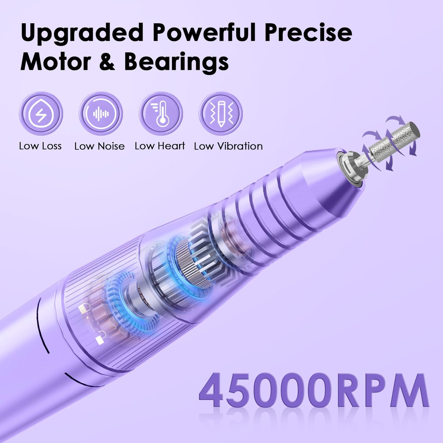 Professional Electric Nail Drill File, HUGMAPLE 45000RPM Portable E-File Machine with Bits & Base, Cordless Rechargeable Nail Dr