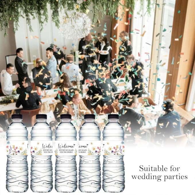 100PCS Wedding Water Bottle Labels Waterproof Greenery Floral Wraps Sticker for Water Bottle Baby Shower Bottle Label for Bridal Shower Party Welcome (Wildflowers)