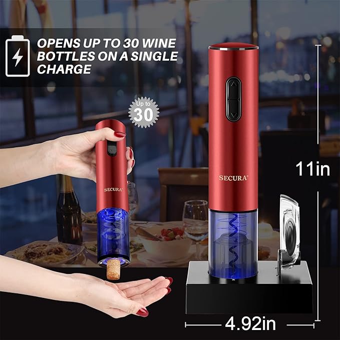 Secura Electric Wine Opener, Automatic Electric Wine Bottle Corkscrew Opener with Foil Cutter, Rechargeable (Red)